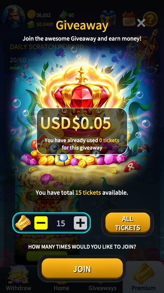 Giveaway screen with tickets