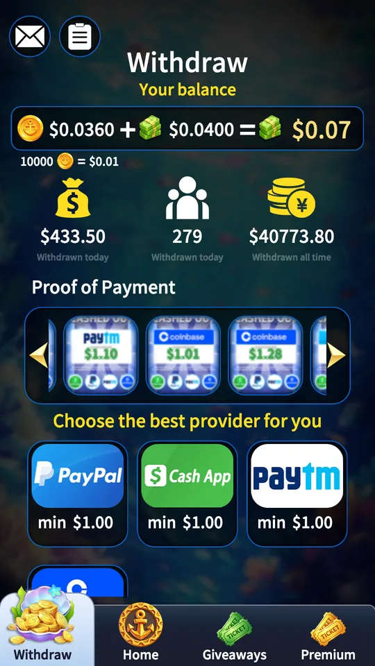 Withdraw screen with payout providers
